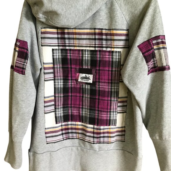 Upcycled Patchwork Hoodie, Size Large: Gray & Pink Plaid, Raw Seam Grunge - Picture 4 of 12